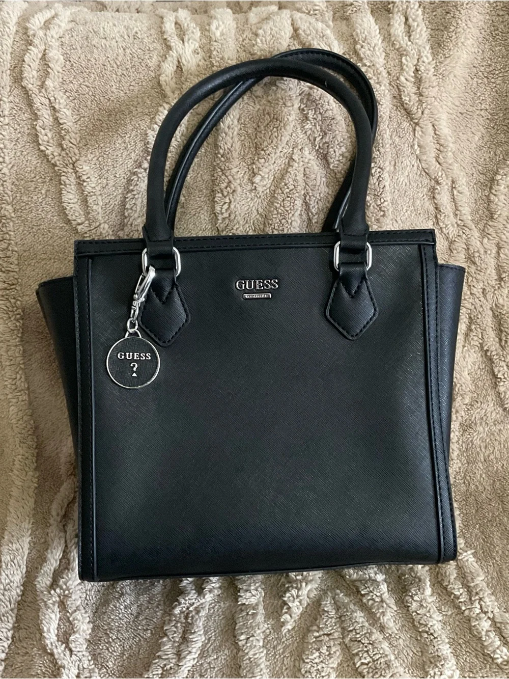 Guess Black Saffiano-Style Satchel with Logo Charm